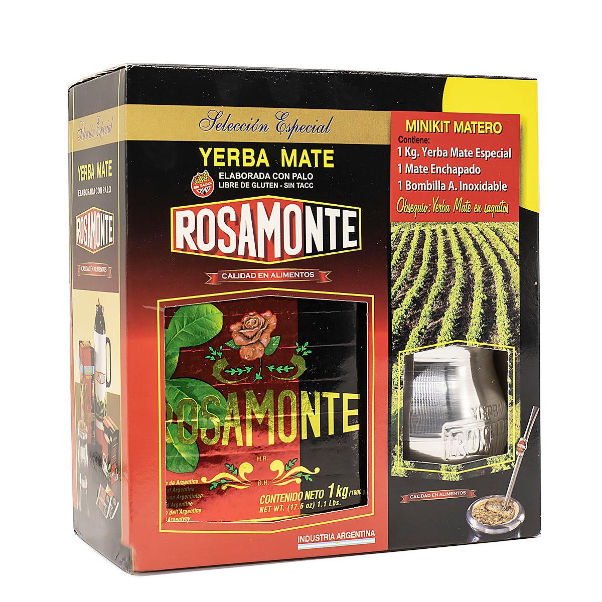 Набор Мате Rosamonte Kit ( Rosamonte Especial, 1000 г, калабас дерево и аллюминий, бомбилья, чайные пакетики)