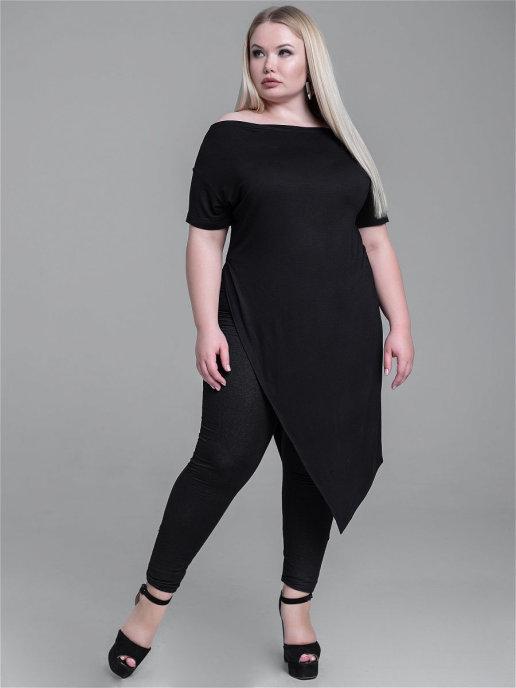 Туника "Plus size" однотонная длинная с вырезом