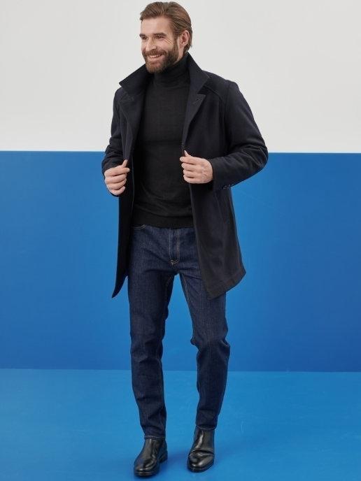 Пальто мужское осеннее утепленное шерсть классическое синее