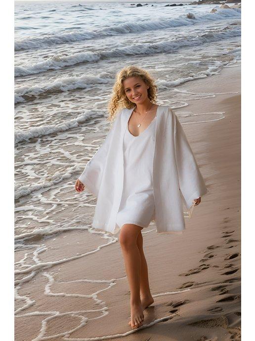 Льняной костюм с кимоно пляжный