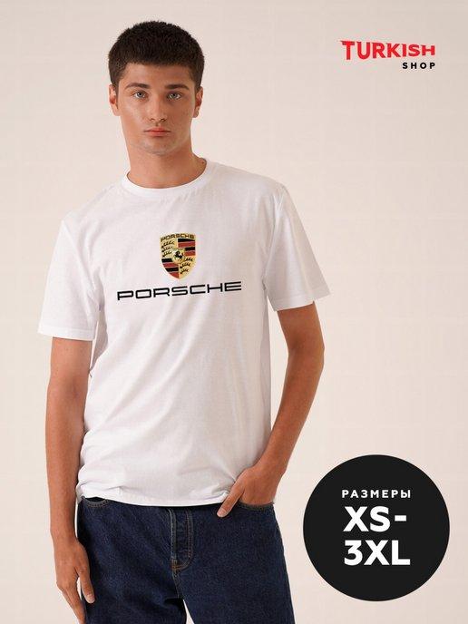 Футболка мужская белая оверсайз хлопок с логотипом Porsche
