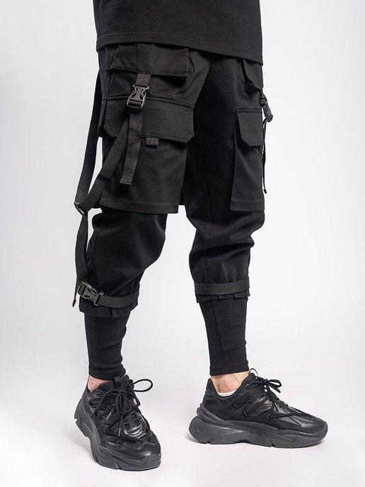 Черные брюки карго джоггеры с манжетами и лямками