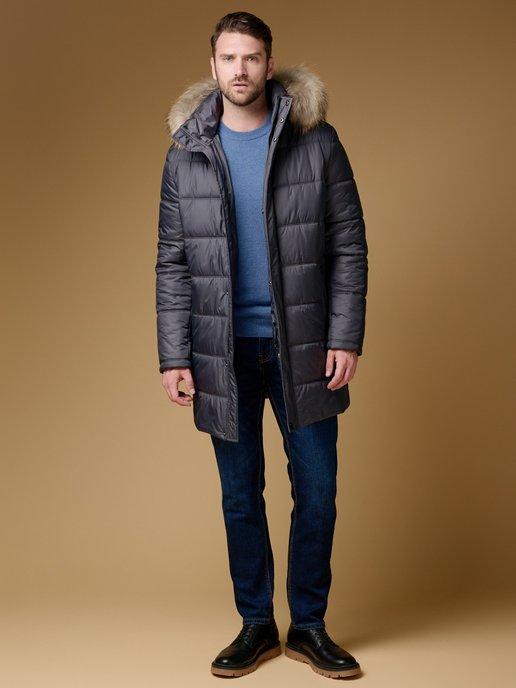 Зимняя удлиненная куртка с капюшоном и опушкой енота