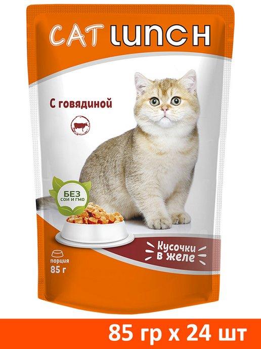 CAT LUNCH | Корм влажный для кошек говядина в желе 85 г 24 шт