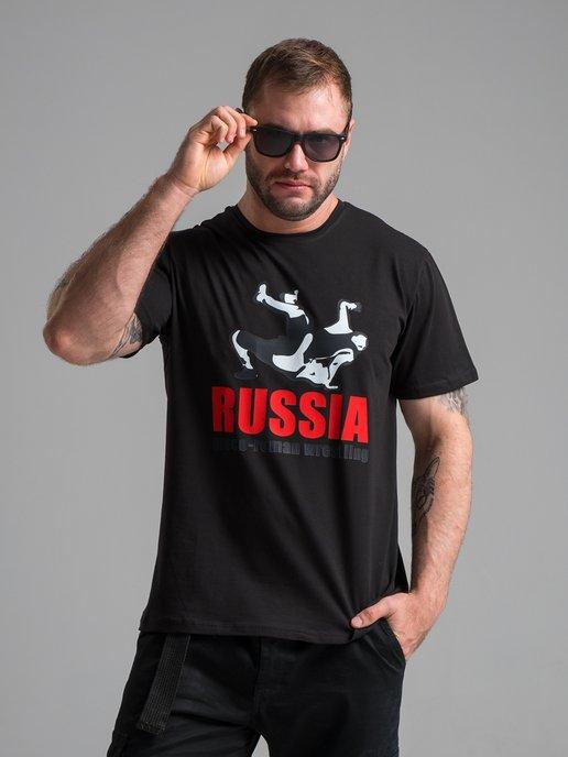 Футболка оверсайз черная с надписью Russia Wrestling