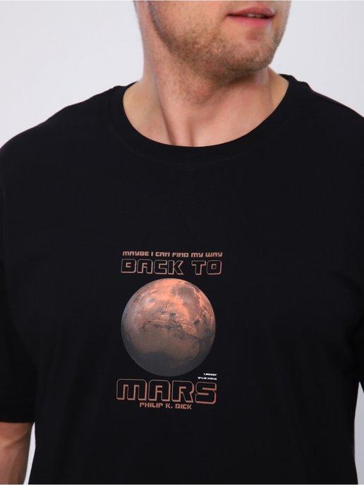 Футболка мужская черная с принтом и надписями Марс
