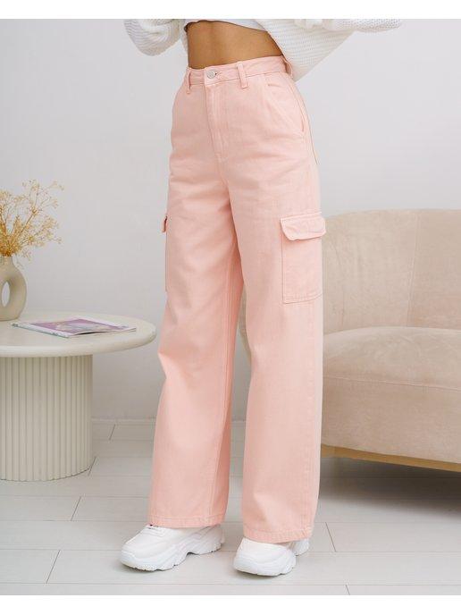 Розовые джинсы карго палаццо с карманами