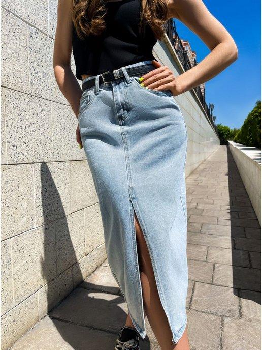 юбка джинсовая миди с разрезом