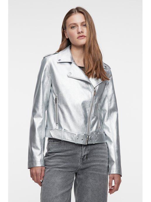 Куртка-косуха короткая серебристая с эффектом металлик