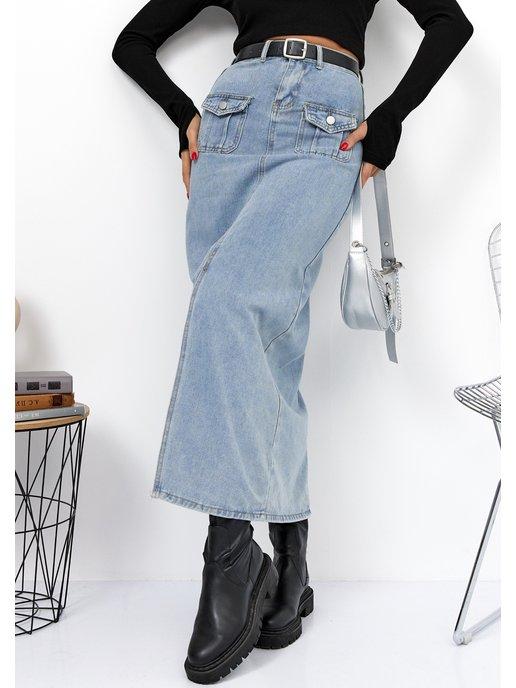 Юбка джинсовая макси с разрезом