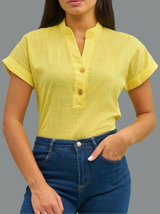 Рубашка женская лен оверсайз желтая большие размеры