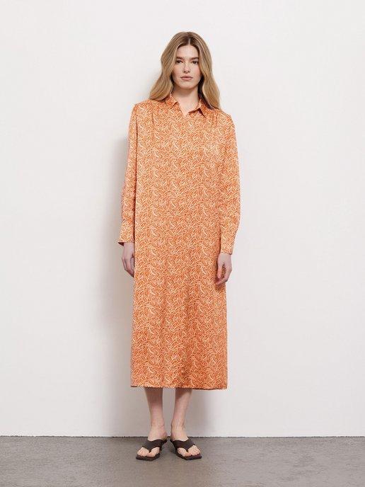 Платье-рубашка длинное нарядное оранжевое