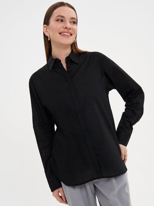 Черная блузка с длинным рукавом, рубашка оверсайз хлопковая