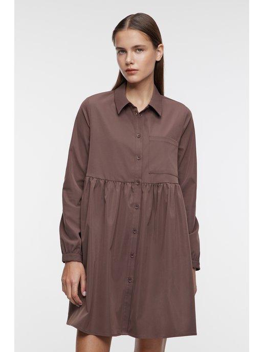 Платье-рубашка мини свободное с нагрудным карманом