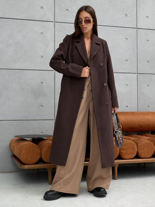 Пальто женское осень длинное прямое оверсайз коричневое
