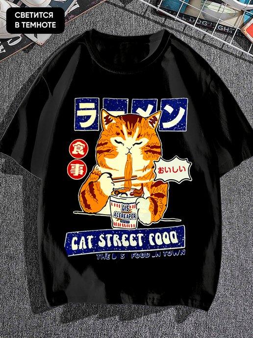 Светящаяся аниме футболка с котом y2k