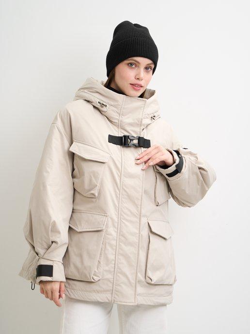 Куртка зима с капюшоном удлиненная оверсайз горнолыжная