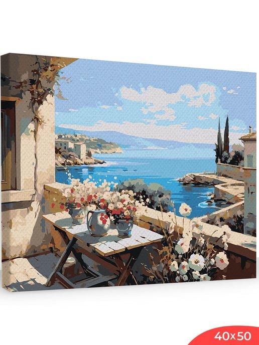 Картина по номерам на холсте Море Веранда с цветами 2 40x50