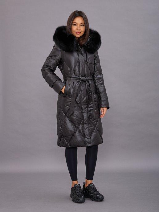 Пуховик зимний длинный пальто с капюшоном и поясом