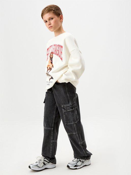 Широкие джинсы для мальчика с карманами черные карго