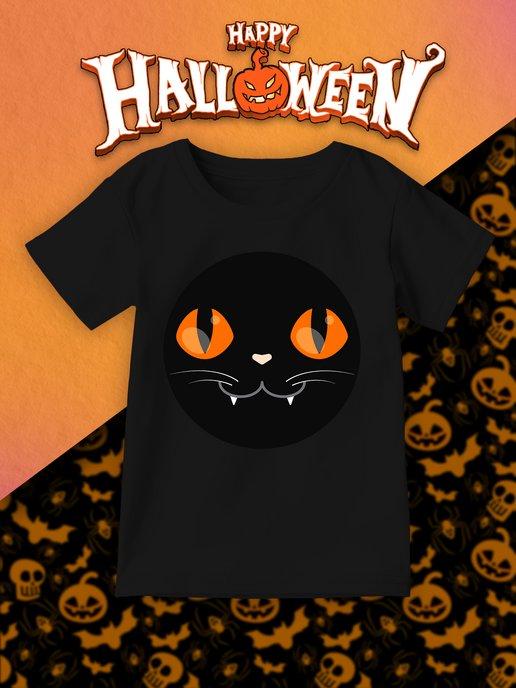 Детская футболка Хэллоуин Черный Кот Happy halloween