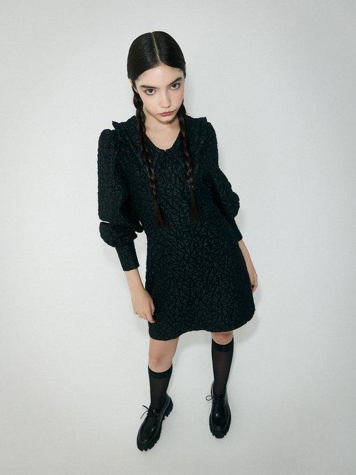 Платье для девочки нарядное черное с воротником короткое