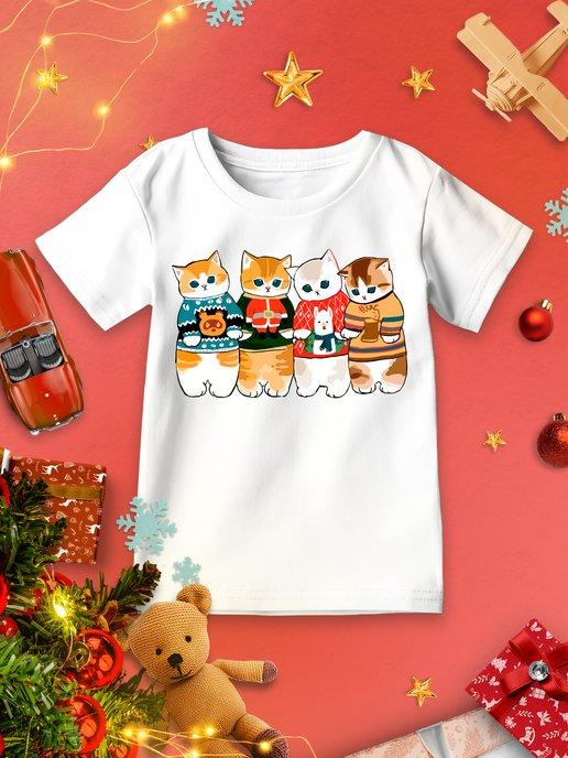 Новогодняя детская футболка Котики Cats New Year Рождество