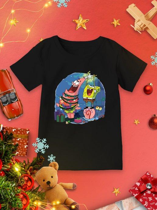 Новогодняя детская футболка Sponge Bob Спанч Боб Мультфильм