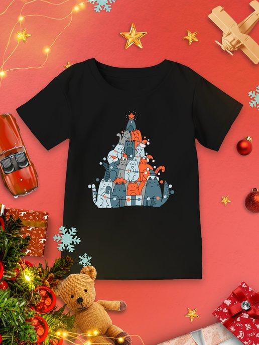 Новогодняя детская футболка Ёлка Котики Гирлянда Звезда
