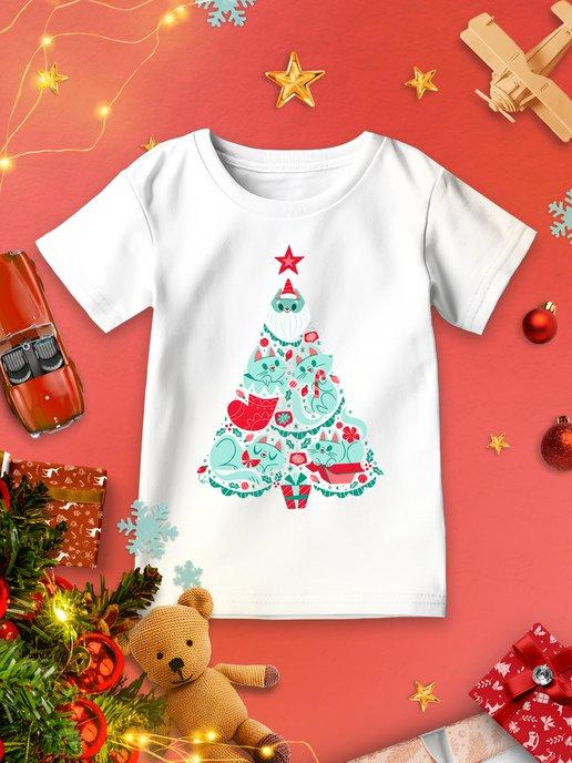 Новогодняя детская футболка Ёлка Котики Гирлянда Звезда