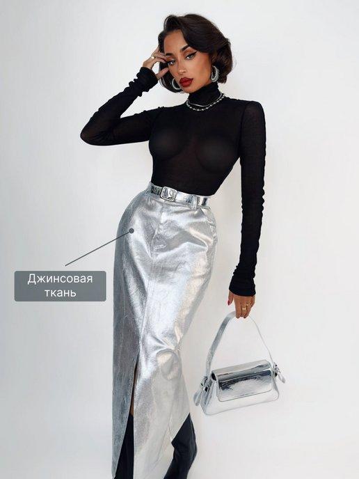 Carla Domiani | Джинсовая юбка миди металлик серебро