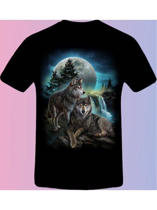 футболка волк и луна