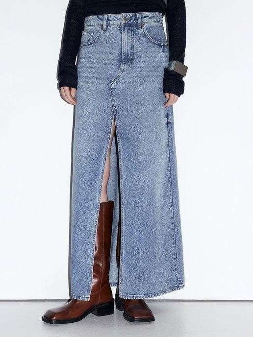 Юбка макси джинсовая с разрезом спереди