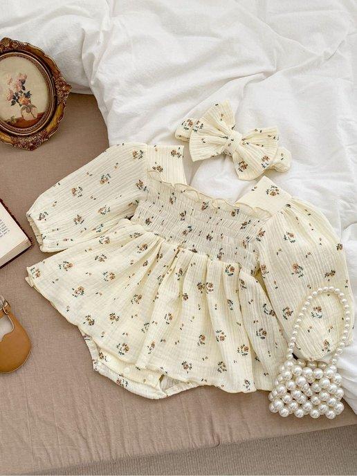 Платье боди для новорожденных нарядное с повязкой