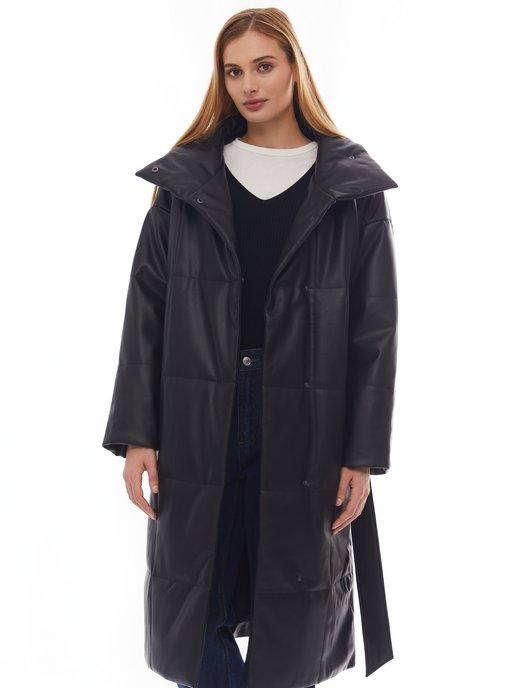 Женское тёплое пальто из экокожи