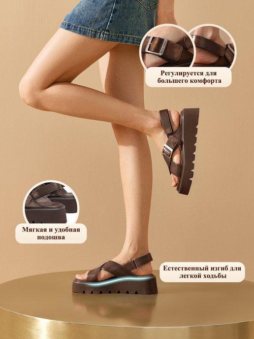 Женские кожаные сандалии летние на платформе на липучке