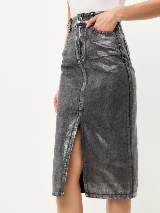GELAIN | Юбка джинсовая миди металлик с разрезом спереди