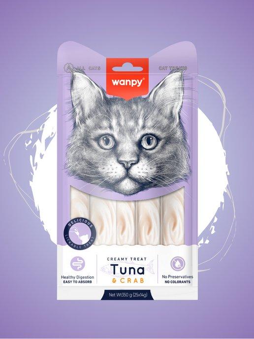 Wanpy | Лакомство для кошек нежное пюре из тунца и краба 25 шт х14 г