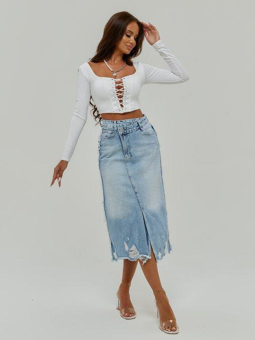 Юбка джинсовая миди с разрезом и бахромой