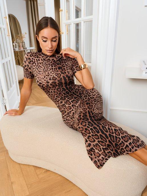 Летнее платье леопард футляр длинное облегающее