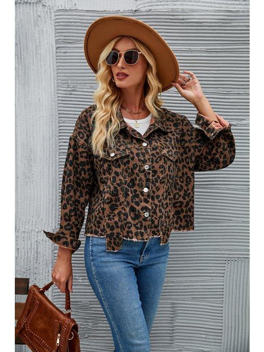 Джинсовая куртка рубашка оверсайз леопардовая