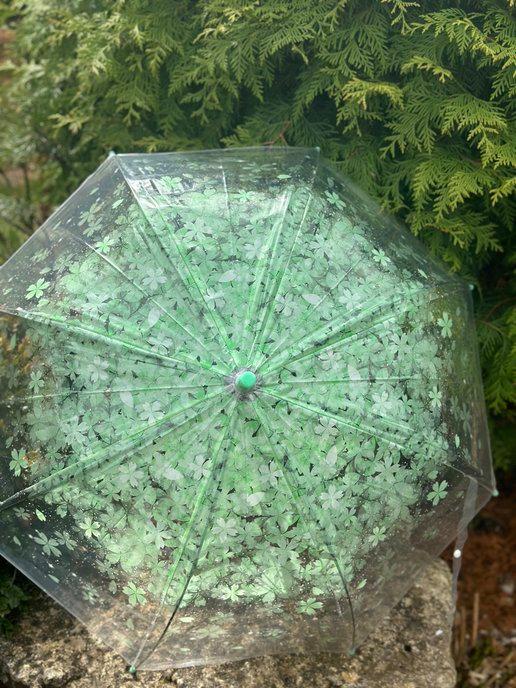 Зонт прозрачный с зеленым принтом для детей и взрослых