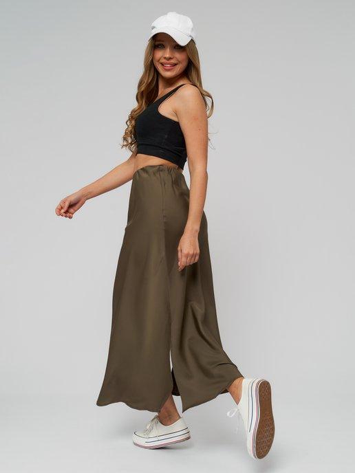 SUNSTORY | Летняя юбка атласная длинная на резинке с разрезами
