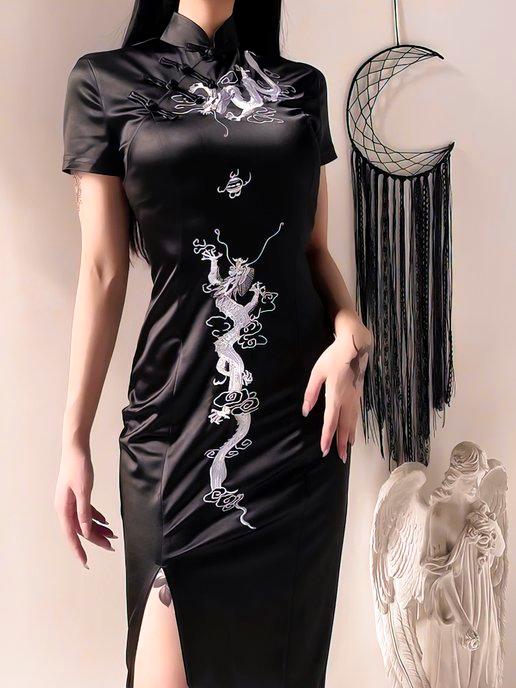 Черное платье женское с воротником в китайском стиле