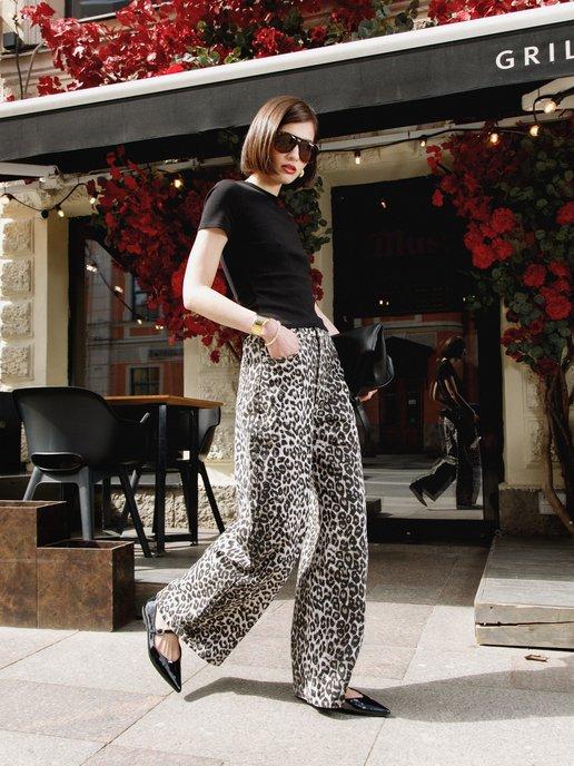 Леопардовые джинсы маломерят на 1 размер, багги стрейтч