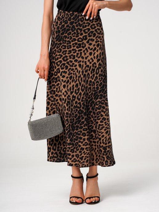 юбка атласная летняя миди леопардовая больших размеров