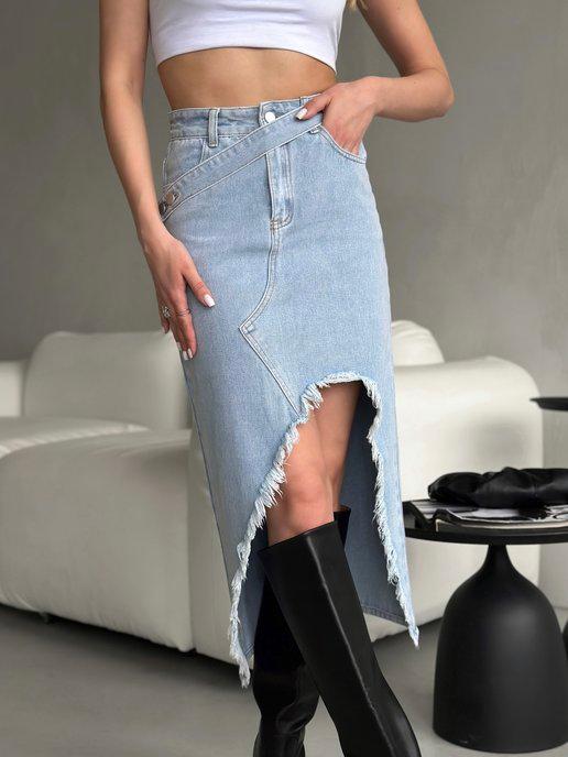 Юбка джинсовая с разрезом миди длинная