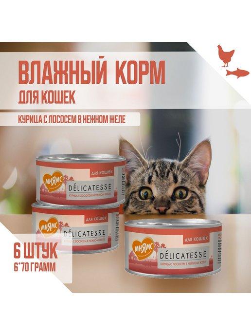 Влажный корм для кошек, Курица с лососем, 70 г х 6 шт