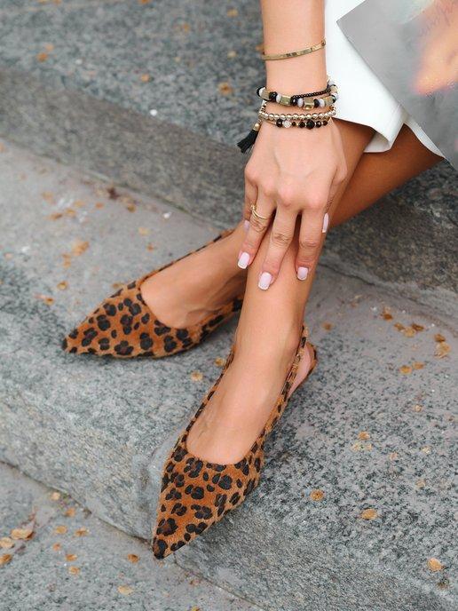 Туфли леопардовые слингбэки на низком каблуке