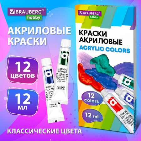 Краски акриловые Brauberg набор художественные в тюбиках 12 цветов